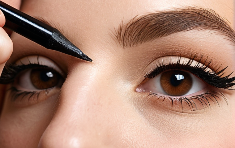 **Pencil Eyeliner Application:** Close-up of a woman's eye as she gently applies a soft, brown pencil eyeliner to her upper lash line. Natural lighting, focus on the precision and ease of application. Soft, everyday makeup look.