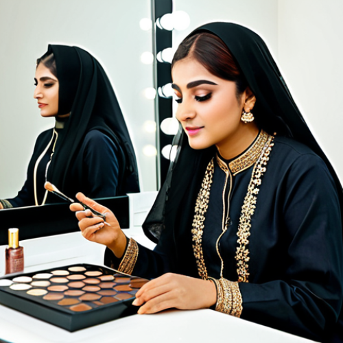 **

A Pakistani woman with warm skin tone, fully clothed in traditional Shalwar Kameez (modest clothing), applying golden eyeshadow in a well-lit beauty salon. Background includes makeup brushes and palettes. Professional makeup artist assisting.  Safe for work, appropriate content, professional, perfect anatomy, correct proportions, natural pose, well-formed hands, proper finger count, natural body proportions, high quality image.

**