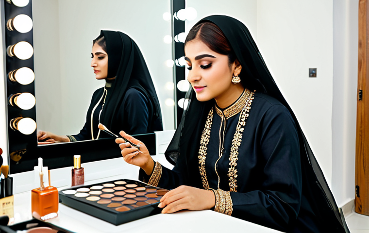 **
A Pakistani woman with warm skin tone, fully clothed in traditional Shalwar Kameez (modest clothing), applying golden eyeshadow in a well-lit beauty salon. Background includes makeup brushes and palettes. Professional makeup artist assisting. Safe for work, appropriate content, professional, perfect anatomy, correct proportions, natural pose, well-formed hands, proper finger count, natural body proportions, high quality image.
**